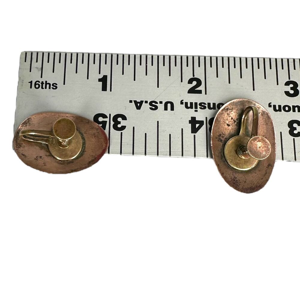 Vintage Artsy Oval Enamel Copper Screw Back Earrings Mid Century Art Abstract - Picture 8 of 8